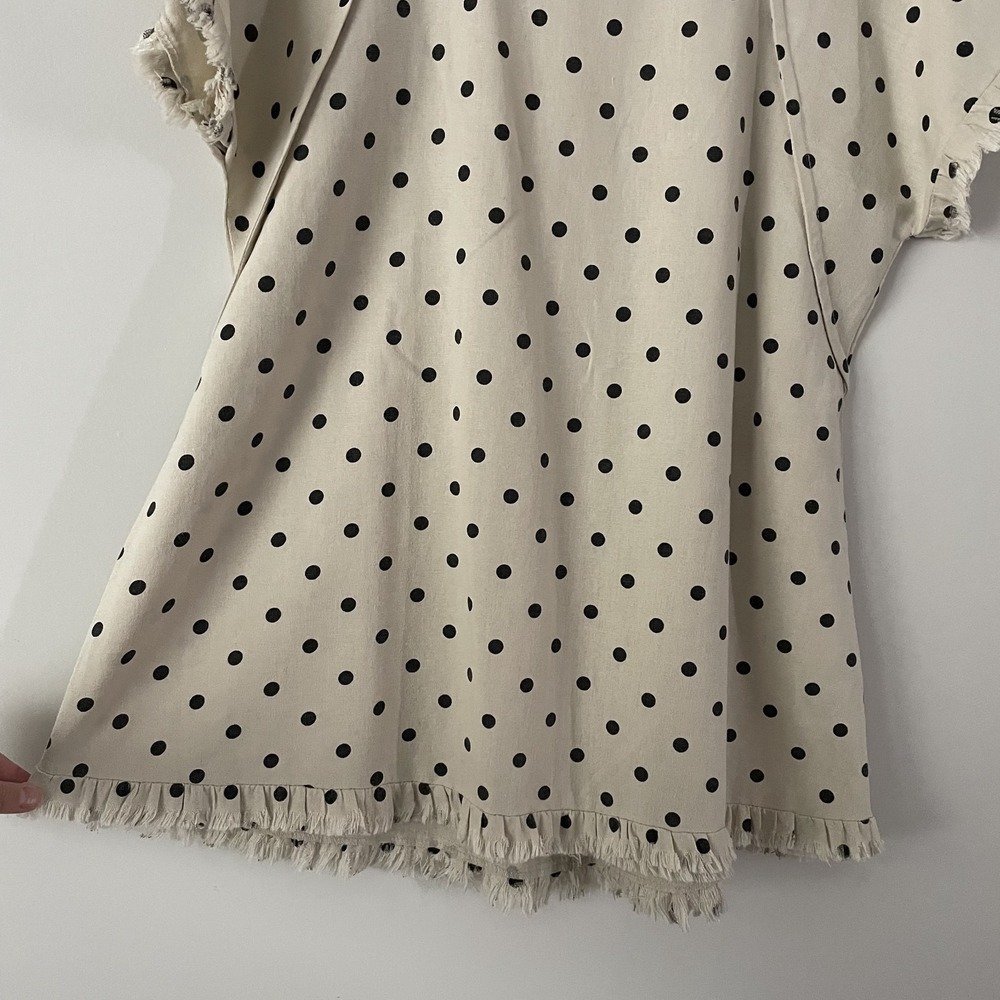 Umgee Linen Cotton Polka Dot Boxy Top Ivory Size S Canvas Fringe Twee Oversized - Picture 6 of 12